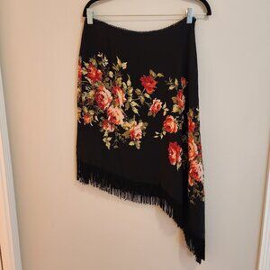 Nicole Miller Black Silk Floral Fringe Asymmetrical Midi Skirt
